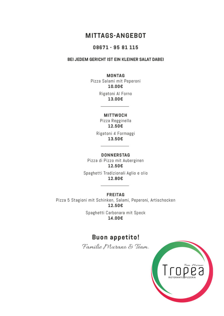 Das MIttagsmenü von Ristorante Tropea