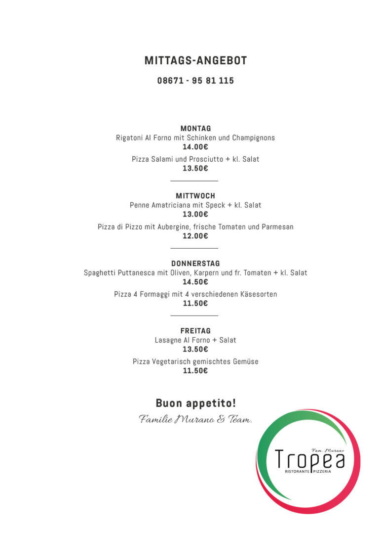Das MIttagsmenü von Ristorante Tropea.